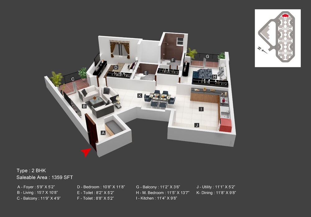 Floor plan of 2 BHK 1359 Sq. Ft. Apartment in Bren Imperia, Bangalore