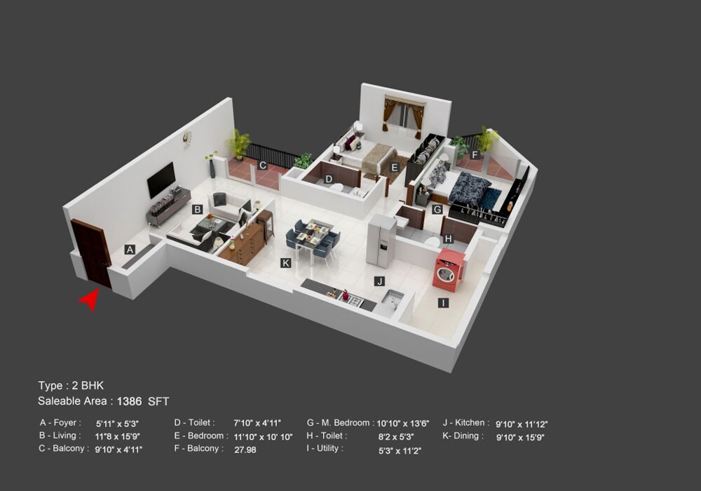 Floor plan of 2 BHK 1386 Sq. Ft. Apartment in Bren Imperia, Bangalore
