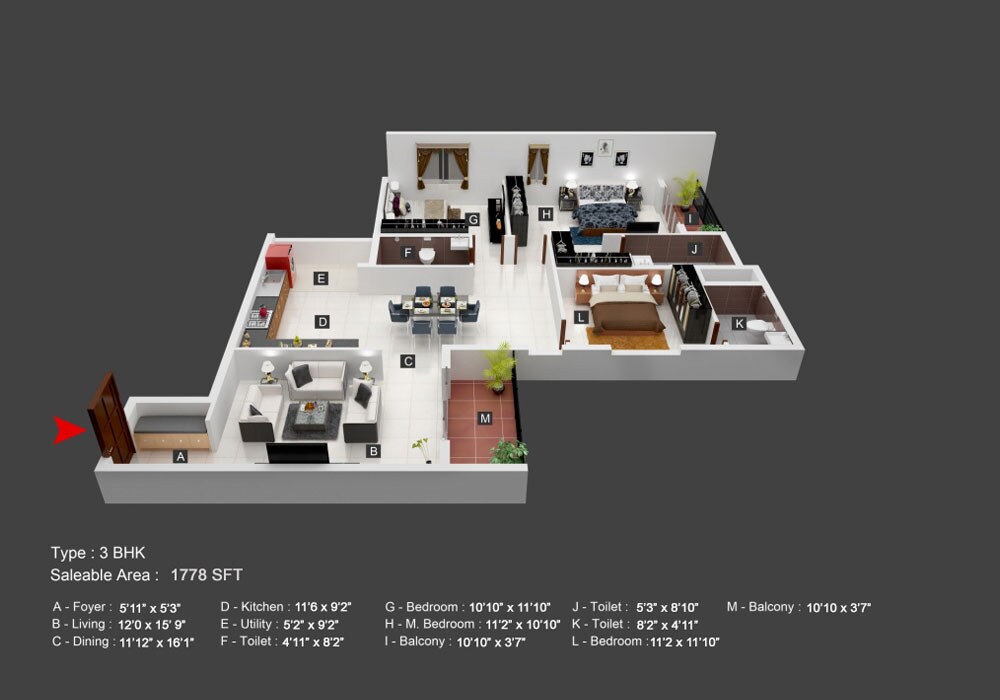 Floor plan of 3 BHK 1778 Sq. Ft. Apartment in Bren Imperia, Bangalore