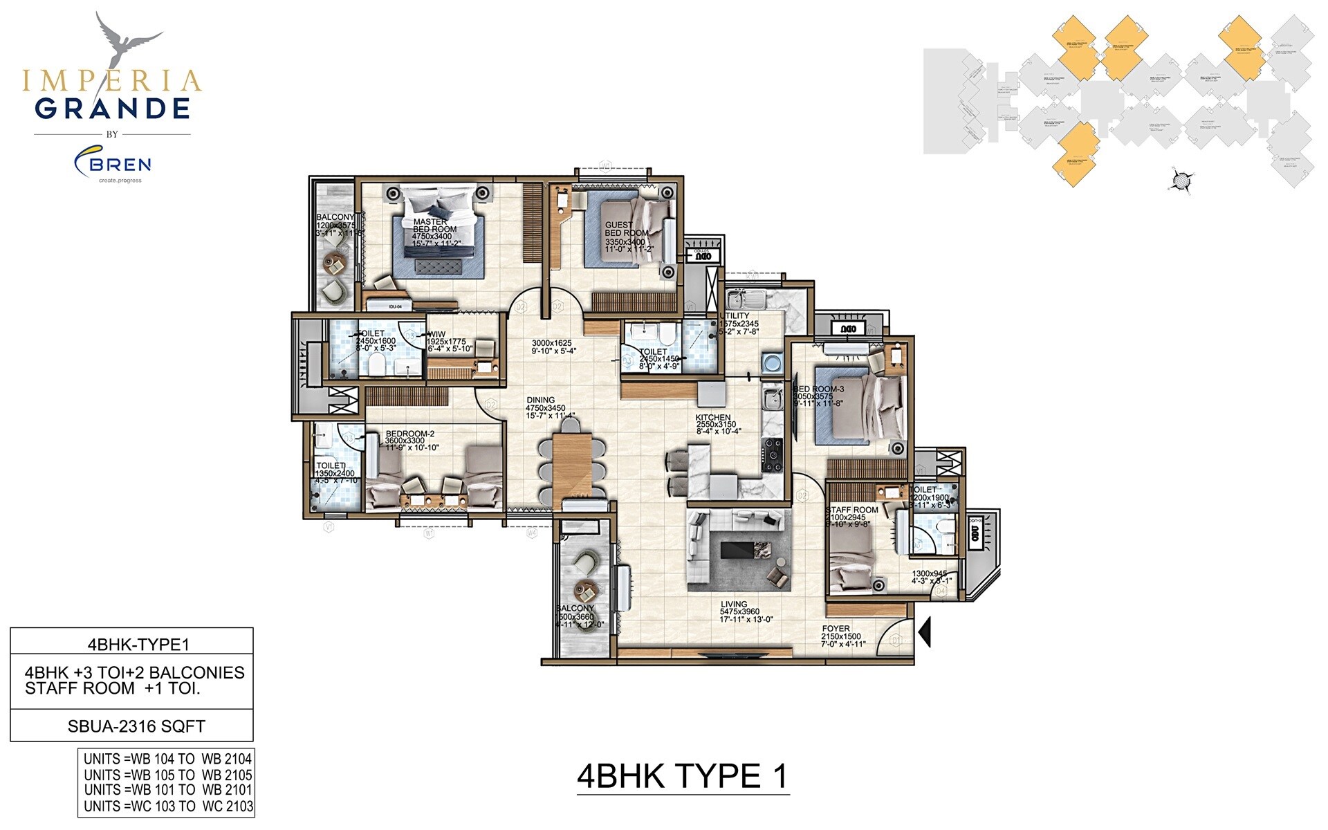 Floor plan of 4 BHK 2316 Sq. Ft. Apartment in Bren Imperia, Bangalore