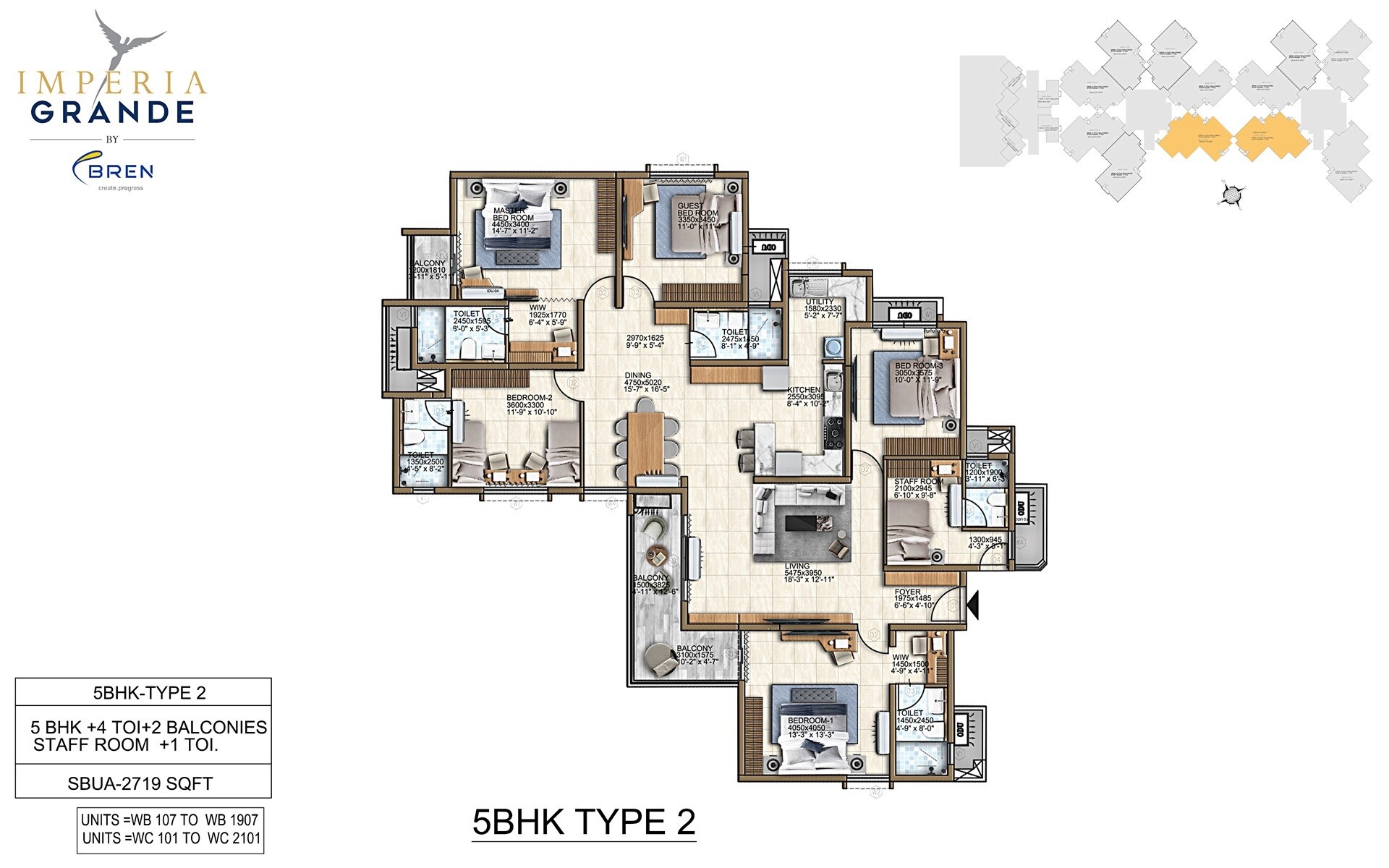 Floor plan of 5 BHK 2719 Sq. Ft. Apartment in Bren Imperia, Bangalore