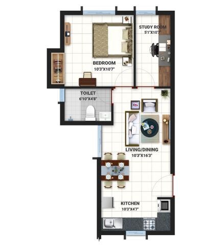 Floor plan of 1 BHK 580 Sq. Ft. Apartment in Bren Northern Lights, Bangalore