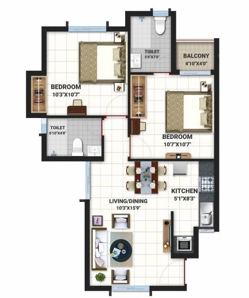 Floor plan of 2 BHK 760 Sq. Ft. Apartment in Bren Northern Lights, Bangalore