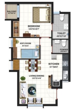 Floor plan of 2 BHK 602 Sq. Ft. Apartment in Bren Northern Lights, Bangalore