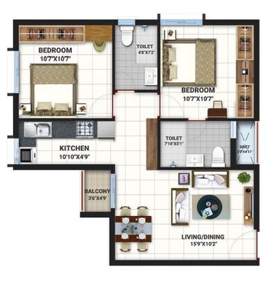 Floor plan of 2 BHK 790 Sq. Ft. Apartment in Bren Northern Lights, Bangalore