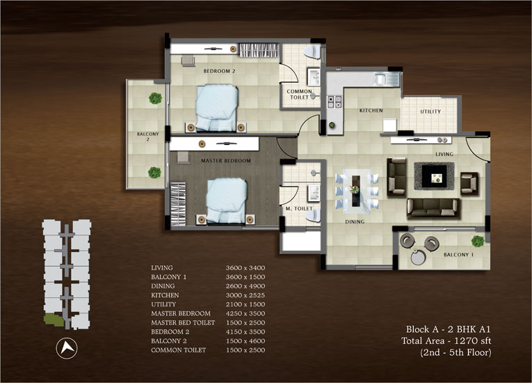 Floor plan of 2 BHK 1270 Sq. Ft. Apartment in Bren Paddington, Bangalore