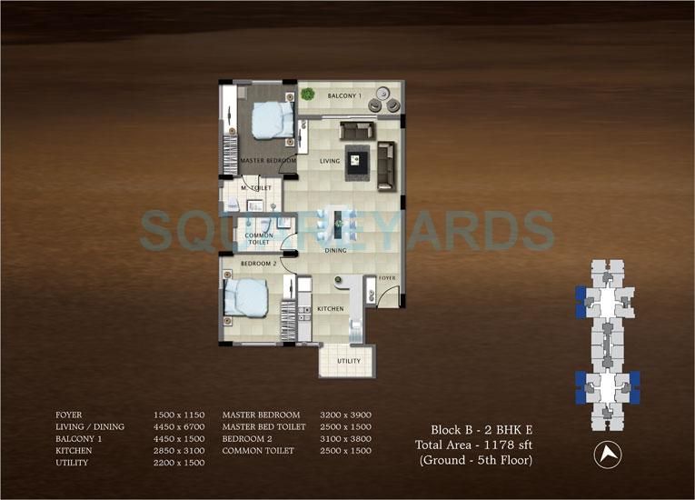 Floor plan of 2 BHK 1178 Sq. Ft. Apartment in Bren Paddington, Bangalore