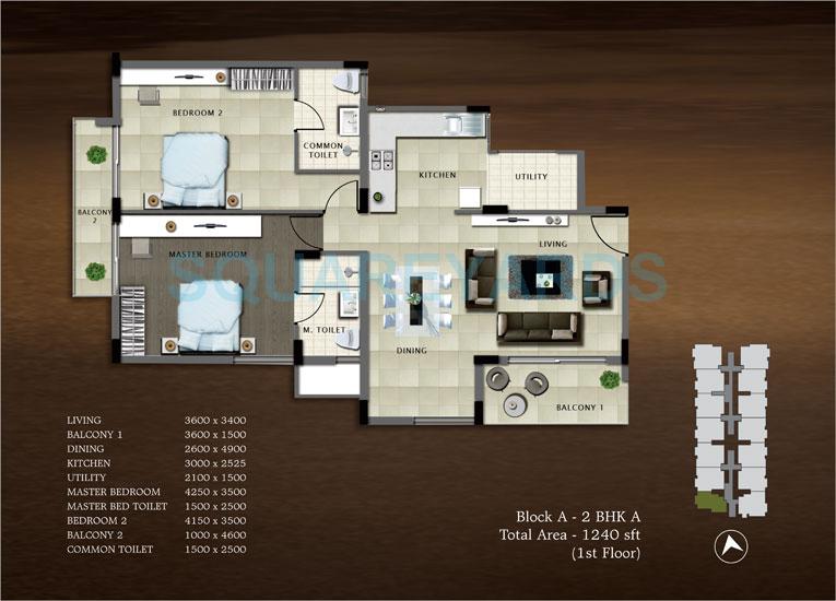 Floor plan of 2 BHK 1240 Sq. Ft. Apartment in Bren Paddington, Bangalore