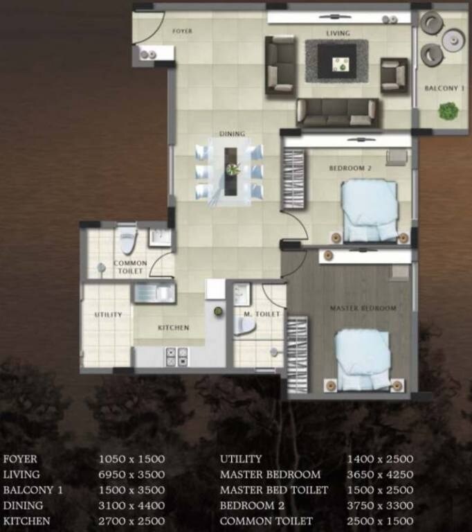 Floor plan of 2 BHK 1298 Sq. Ft. Apartment in Bren Paddington, Bangalore