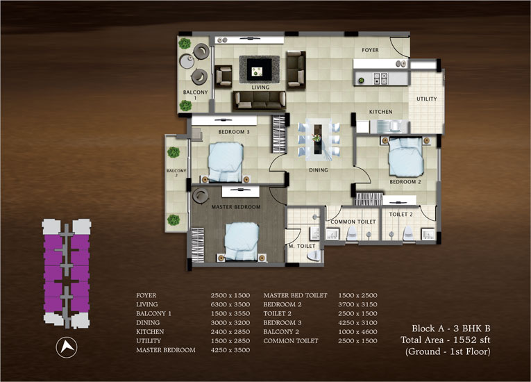 Floor plan of 3 BHK 1552 Sq. Ft. Apartment in Bren Paddington, Bangalore