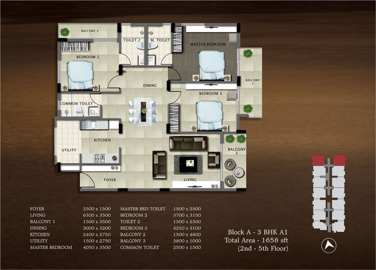 Floor plan of 3 BHK 1658 Sq. Ft. Apartment in Bren Paddington, Bangalore