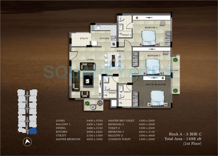 Floor plan of 3 BHK 1498 Sq. Ft. Apartment in Bren Paddington, Bangalore