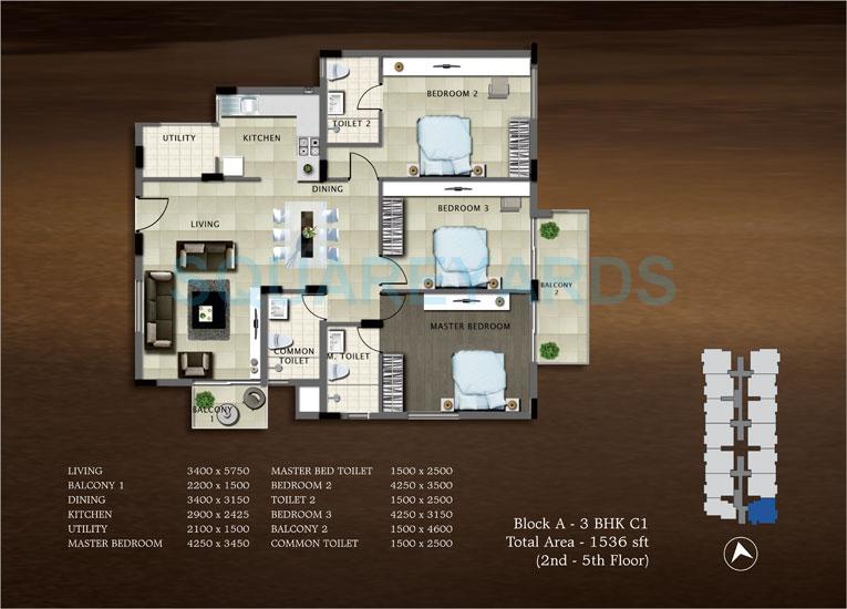 Floor plan of 3 BHK 1536 Sq. Ft. Apartment in Bren Paddington, Bangalore
