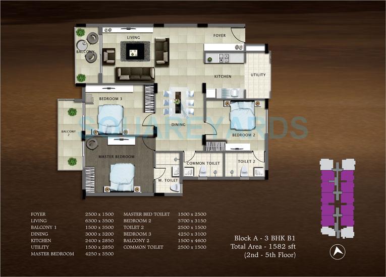 Floor plan of 3 BHK 1582 Sq. Ft. Apartment in Bren Paddington, Bangalore