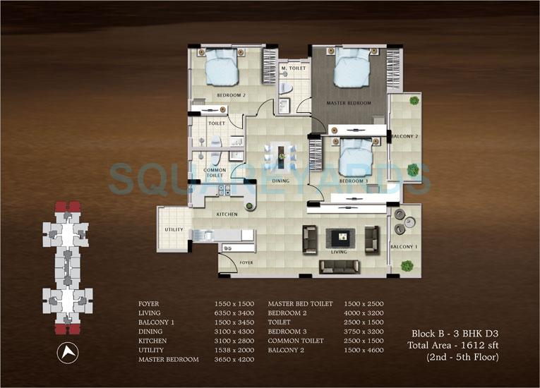 Floor plan of 3 BHK 1612 Sq. Ft. Apartment in Bren Paddington, Bangalore