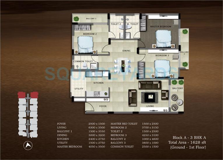 Floor plan of 3 BHK 1628 Sq. Ft. Apartment in Bren Paddington, Bangalore