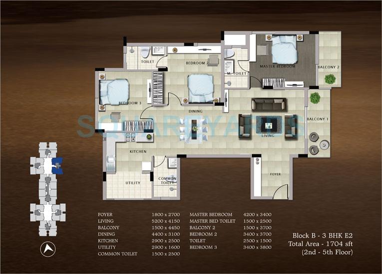 Floor plan of 3 BHK 1704 Sq. Ft. Apartment in Bren Paddington, Bangalore