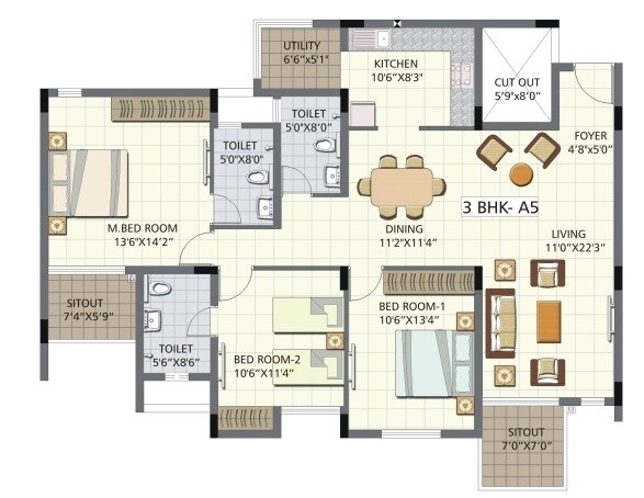 Floor plan of 3 BHK 1622 Sq. Ft. Apartment in Bren Palms, Bangalore