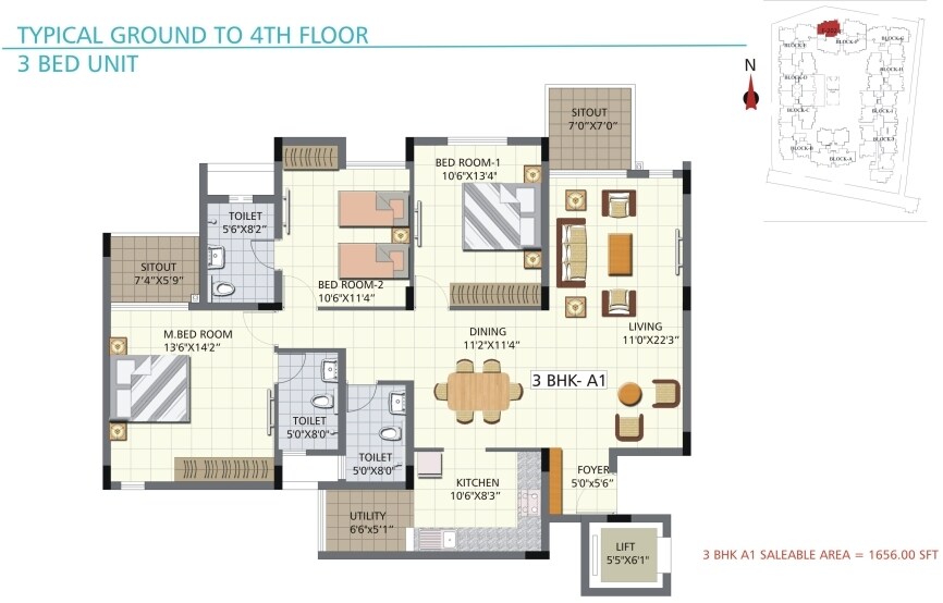 Floor plan of 3 BHK 1656 Sq. Ft. Apartment in Bren Palms, Bangalore