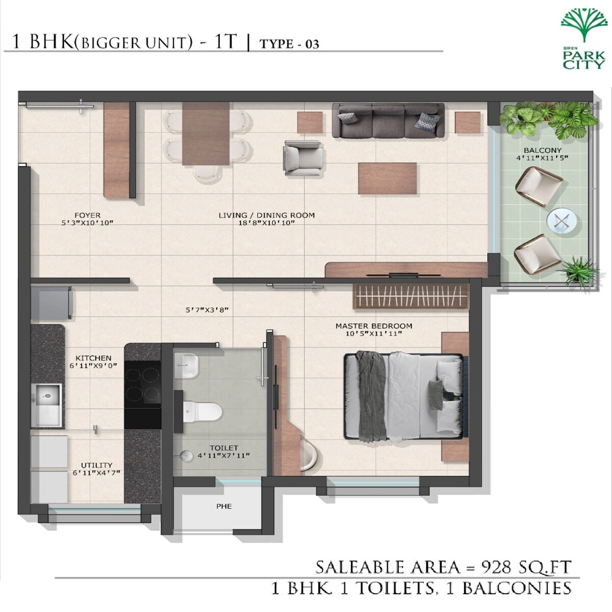 1 BHK 928 Sq. Ft. Apartment