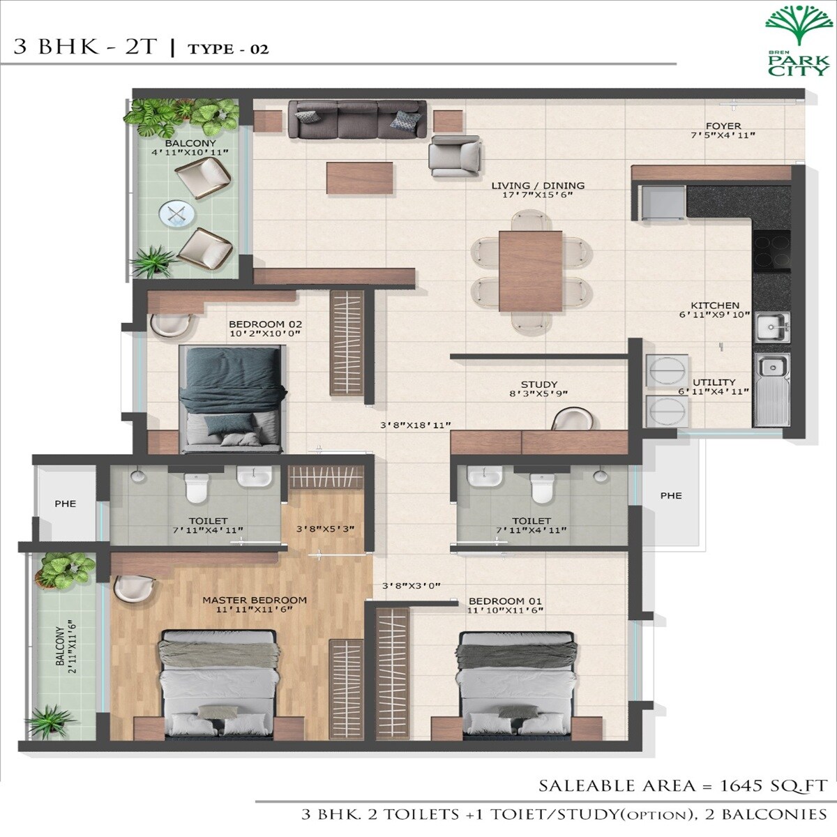 3 BHK 1645 Sq. Ft. Apartment