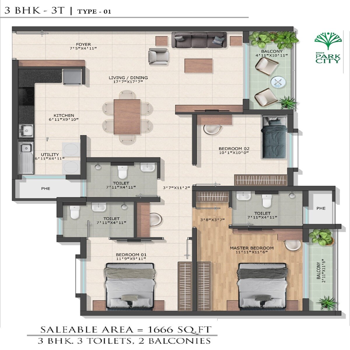 3 BHK 1666 Sq. Ft. Apartment