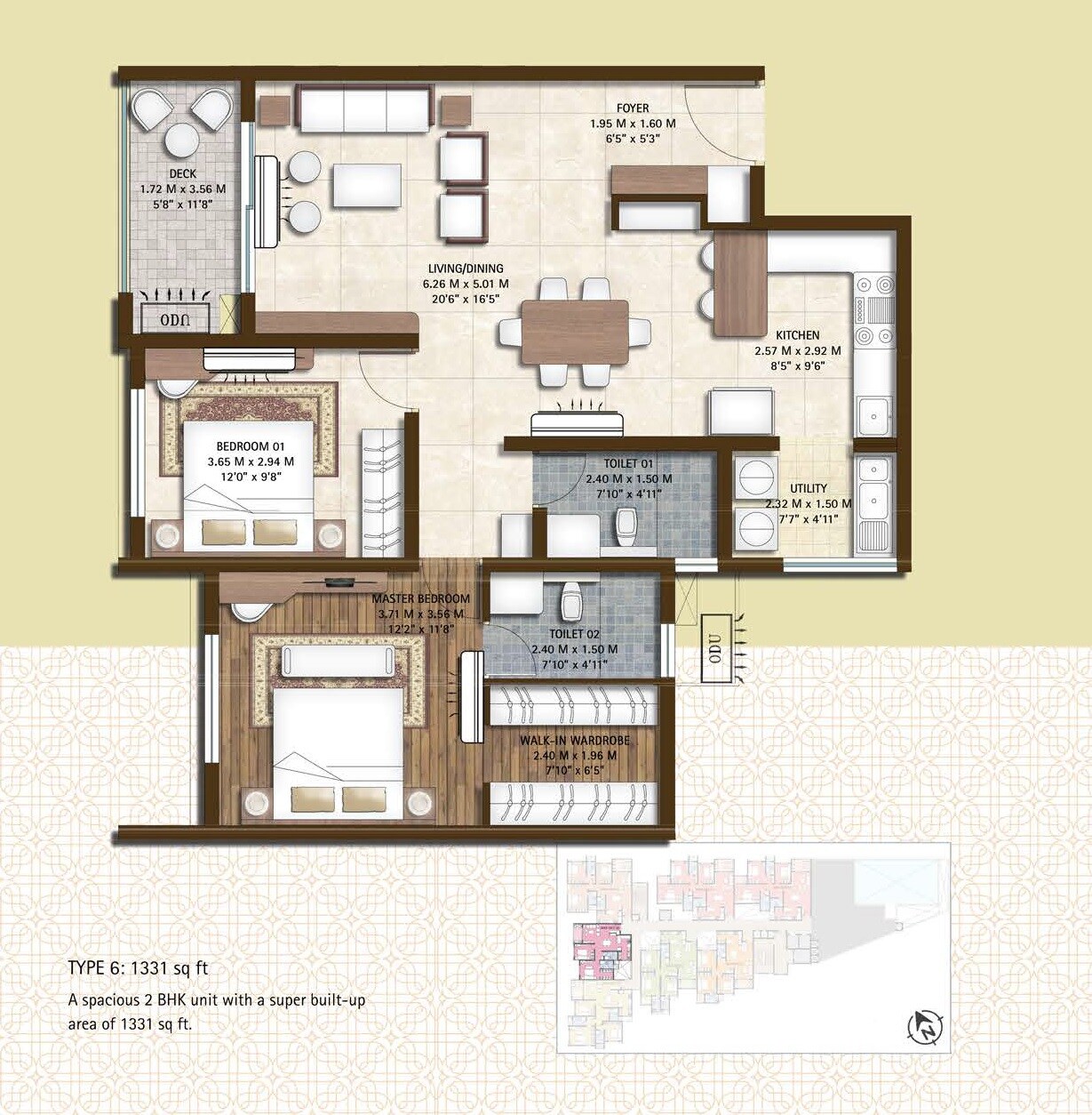 Floor plan of 2 BHK 1331 Sq. Ft. Apartment in Bren Soho, Bangalore