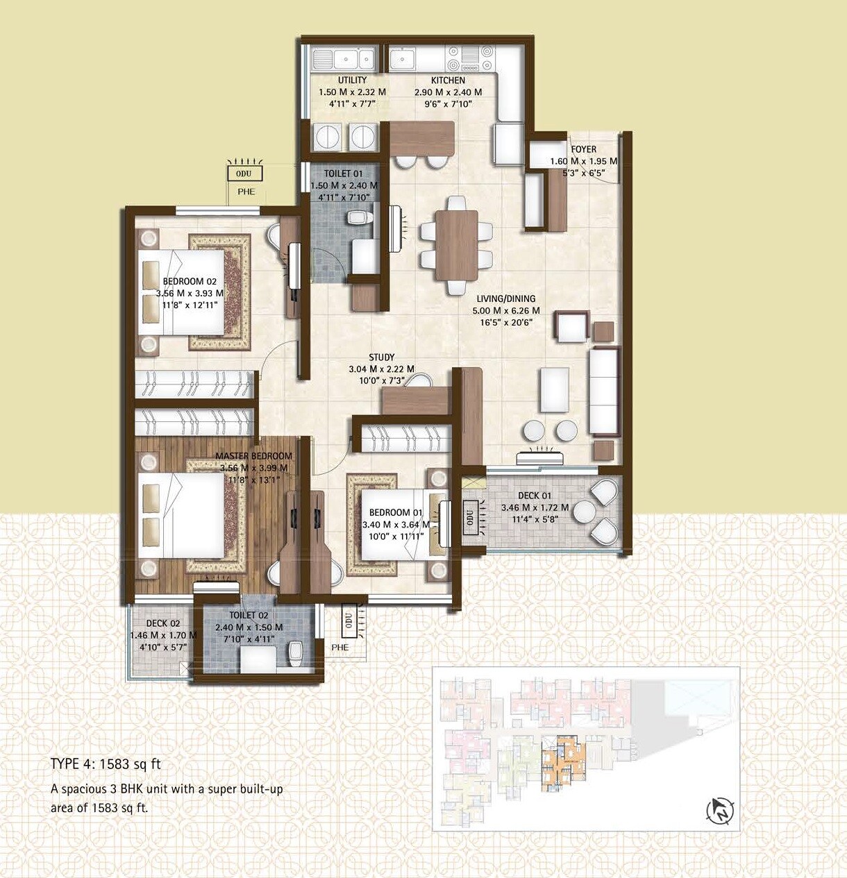 Floor plan of 3 BHK 1583 Sq. Ft. Apartment in Bren Soho, Bangalore
