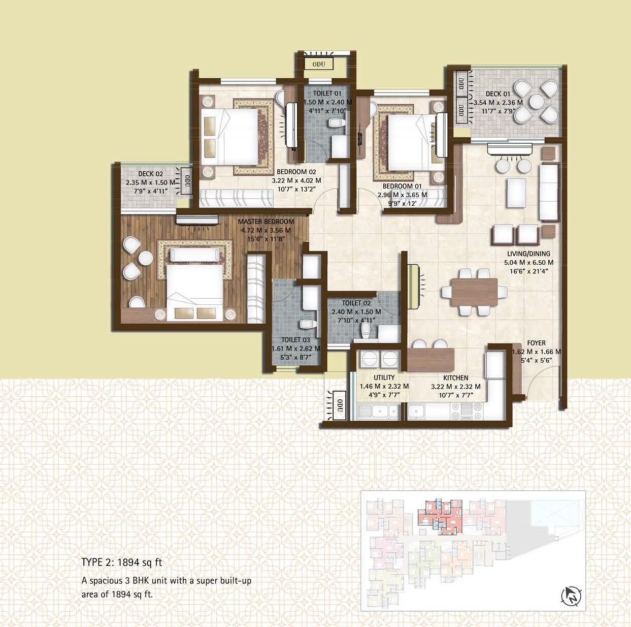 Floor plan of 3 BHK 1894 Sq. Ft. Apartment in Bren Soho, Bangalore