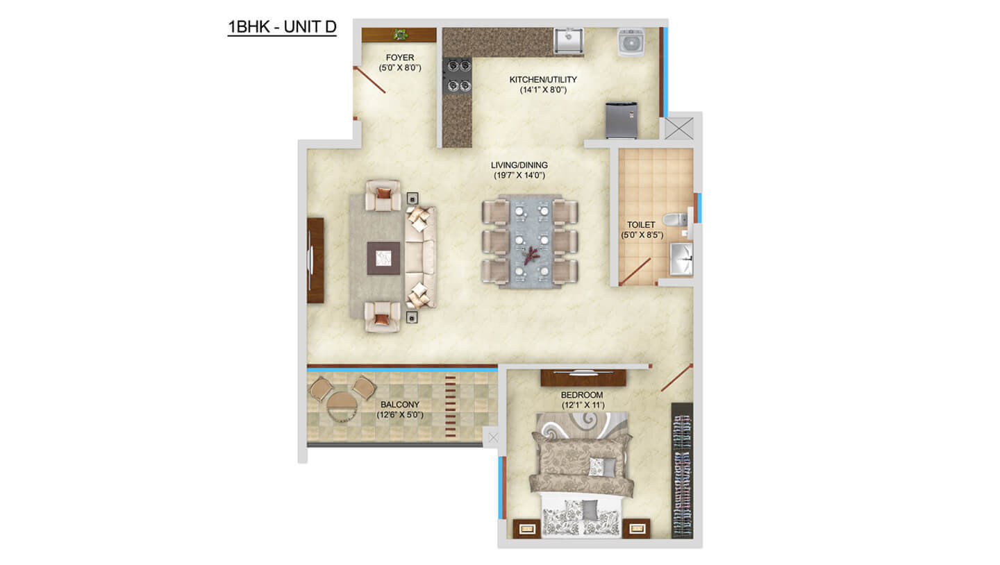 Floor plan of 1 BHK 915 Sq. Ft. Apartment in Bren Starlight Bangalore, Bangalore
