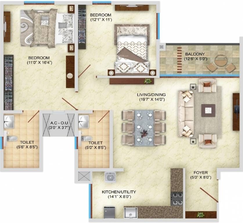 Floor plan of 2 BHK 1245 Sq. Ft. Apartment in Bren Starlight Bangalore, Bangalore
