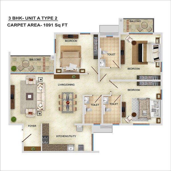 Floor plan of 3 BHK 1530 Sq. Ft. Apartment in Bren Starlight Bangalore, Bangalore