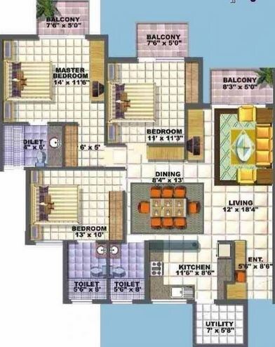 Floor plan of 2 BHK 1353 Sq. Ft. Apartment in Bren Verity, Bangalore
