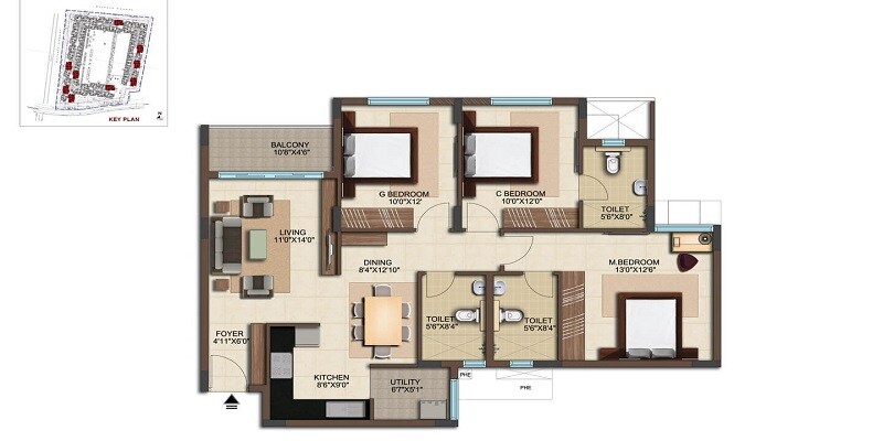 Floor plan of 3 BHK 1252 Sq. Ft. Apartment in Bren Woods, Bangalore