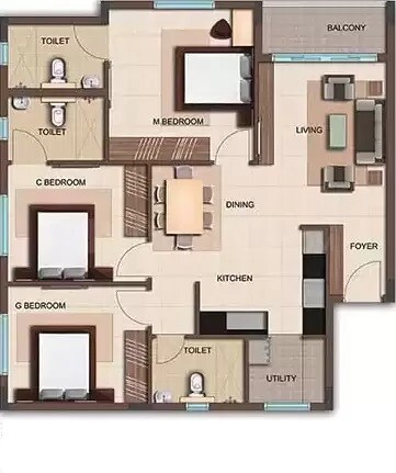 Floor plan of 3 BHK 1305 Sq. Ft. Apartment in Bren Woods, Bangalore