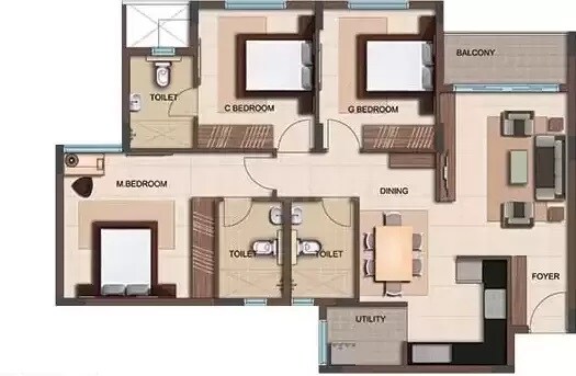 Floor plan of 3 BHK 1333 Sq. Ft. Apartment in Bren Woods, Bangalore