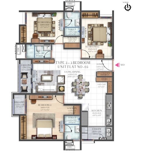 Floor plan of 3 BHK 1668 Sq. Ft. Apartment in Bren Zahara, Bangalore