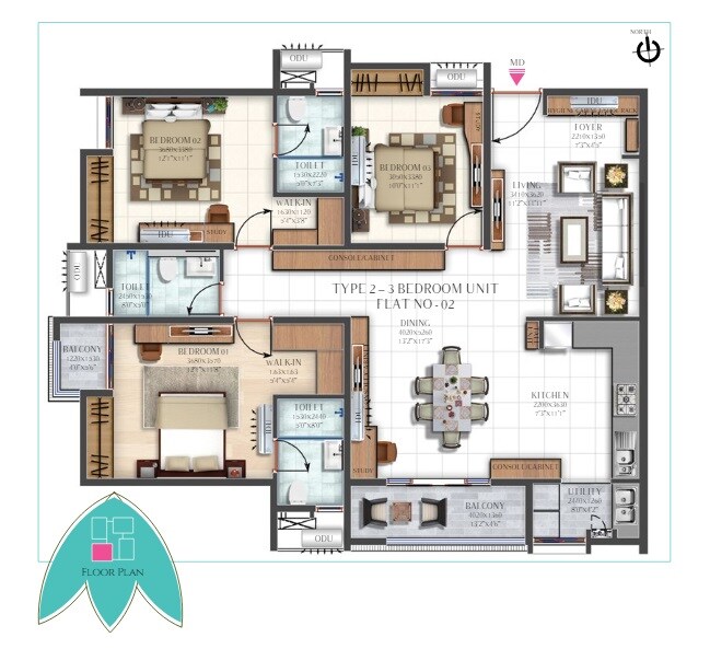 Floor plan of 3 BHK 1792 Sq. Ft. Apartment in Bren Zahara, Bangalore