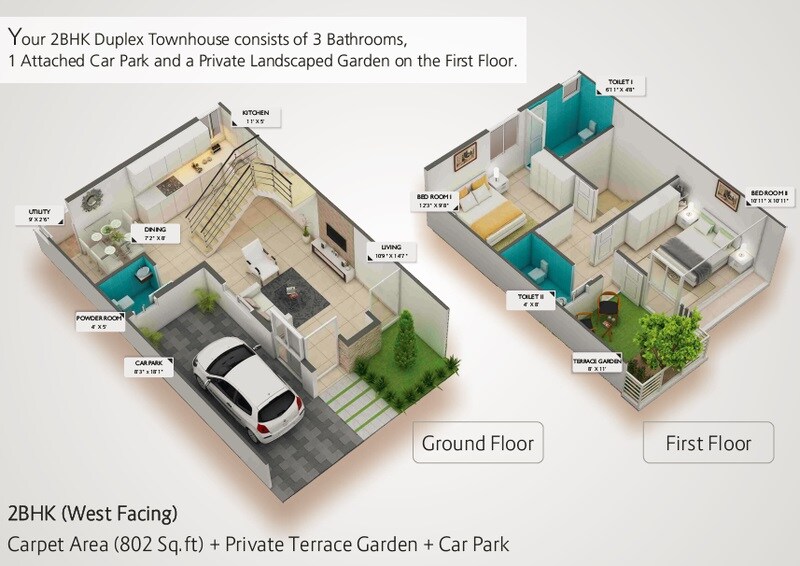 Floor plan of 2 BHK 1074 Sq. Ft. Villa in Brick And Land Garden And Skies, Bangalore