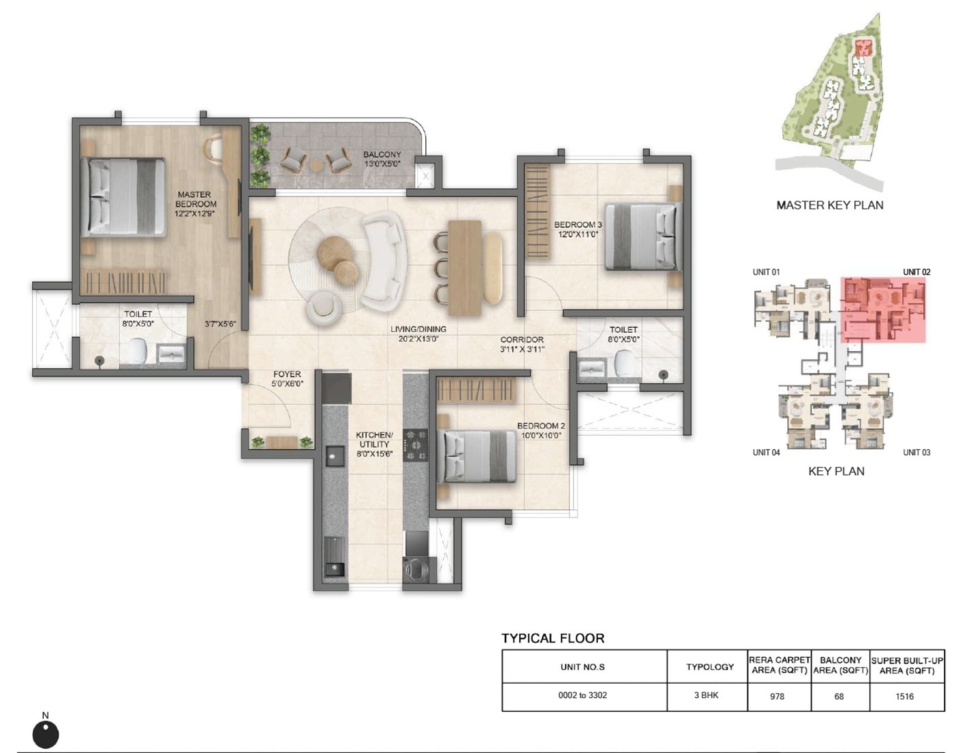 Floor plan of 3 BHK 1516 Sq. Ft. Apartment in Bricks and Milestones Solcrest, Bangalore