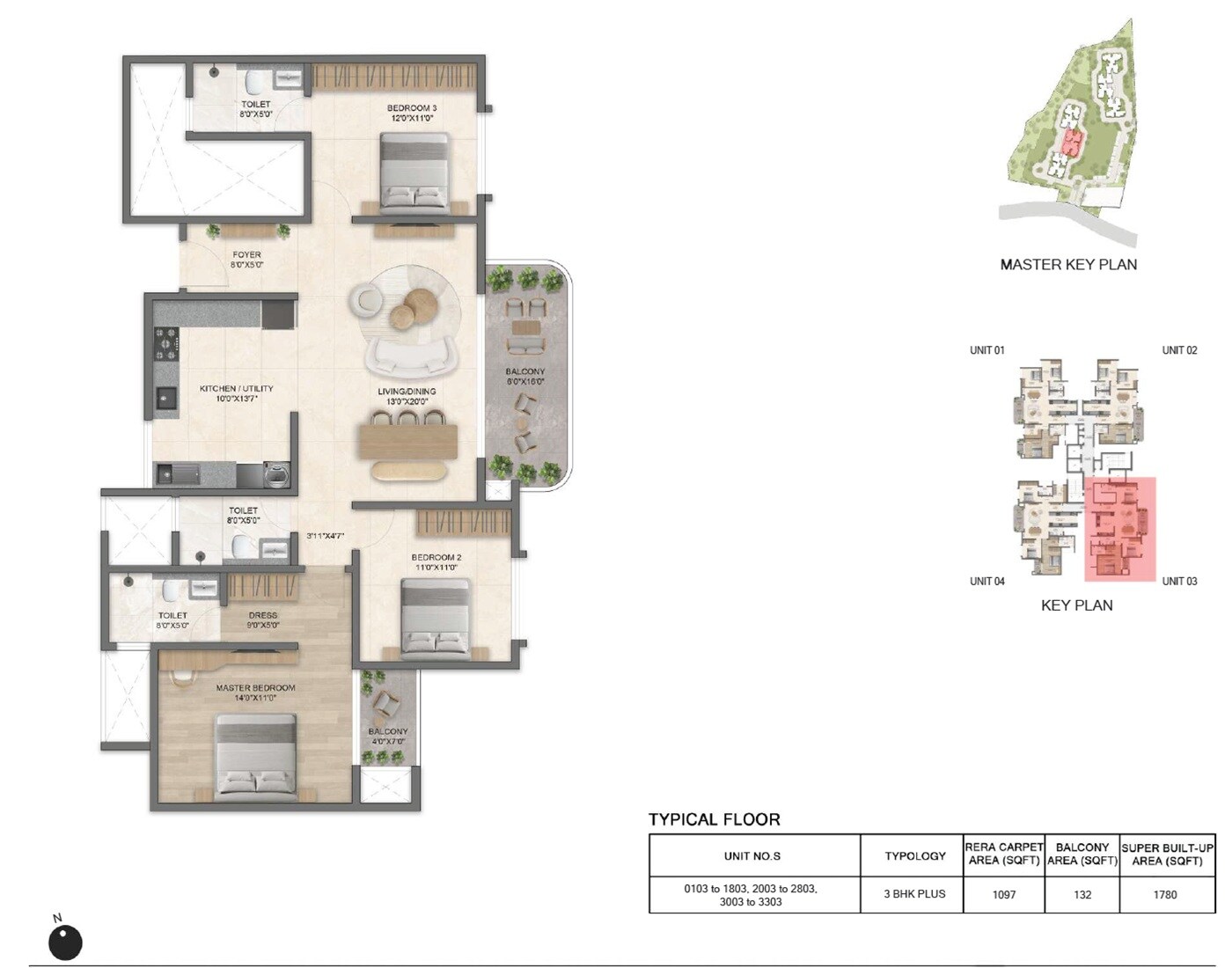 Floor plan of 3 BHK 1780 Sq. Ft. Apartment in Bricks and Milestones Solcrest, Bangalore