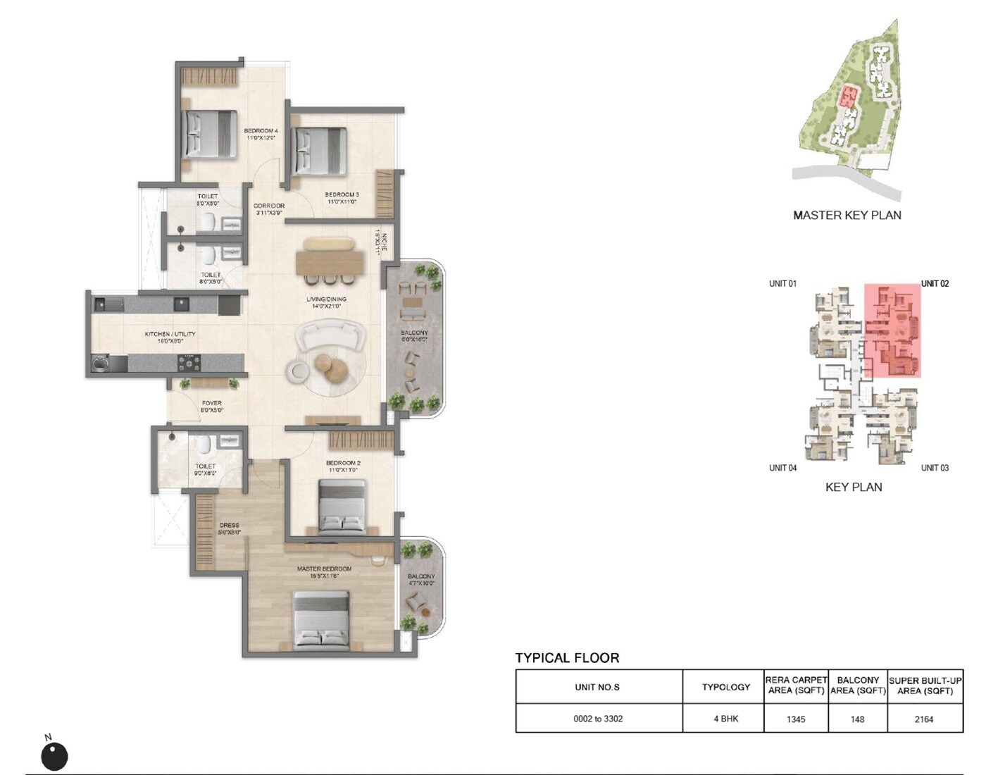 Floor plan of 4 BHK 2164 Sq. Ft. Apartment in Bricks and Milestones Solcrest, Bangalore