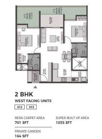 Floor plan of 2 BHK 1035 Sq. Ft. Apartment in Bricks And Milestones Wonderwall Phase II, Bangalore