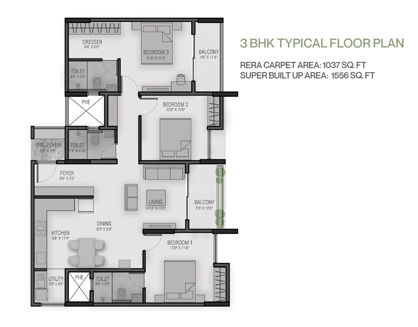 Floor plan of 3 BHK 1156 Sq. Ft. Apartment in Bricks And Milestones Wonderwall Phase III, Bangalore