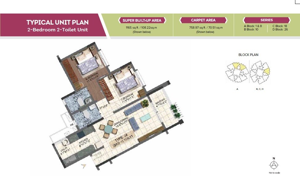 Floor plan of 2 BHK Apartment - 759 sq. ft. in Brigade 7 Gardens, Bangalore