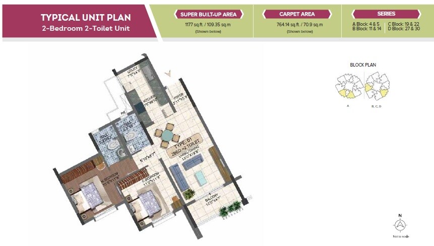 Floor plan of 2 BHK Apartment - 764 sq. ft. in Brigade 7 Gardens, Bangalore