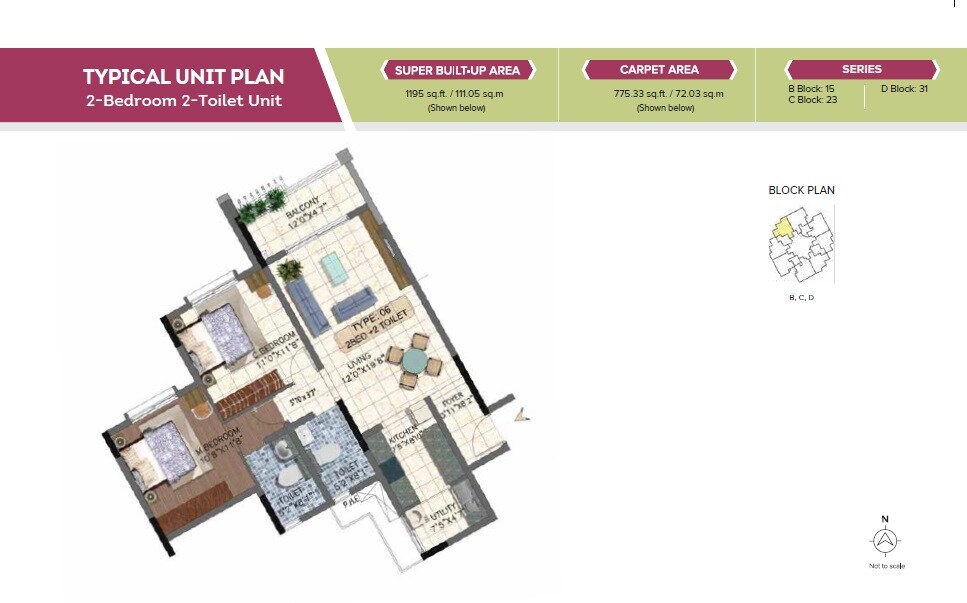 Floor plan of 2 BHK Apartment - 775 sq. ft. in Brigade 7 Gardens, Bangalore