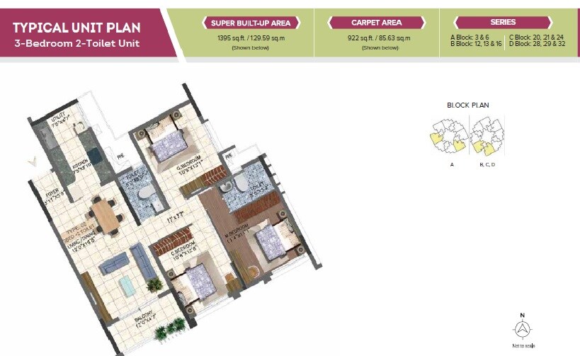 Floor plan of 3 BHK Apartment - 922 sq. ft. in Brigade 7 Gardens, Bangalore