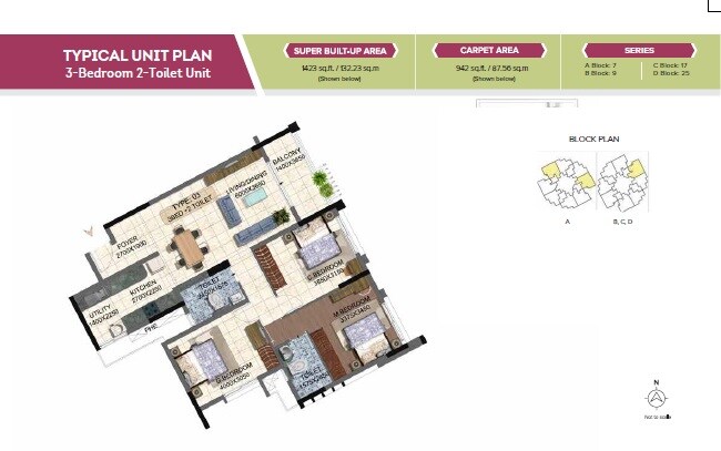 Floor plan of 3 BHK Apartment - 942 sq. ft. in Brigade 7 Gardens, Bangalore