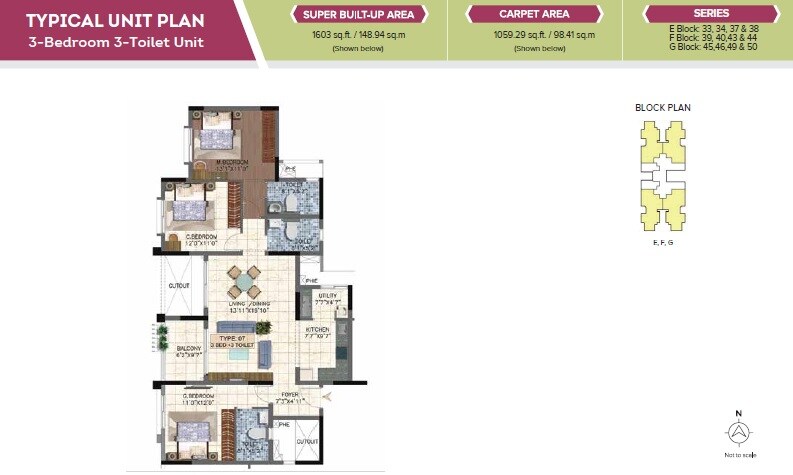 Floor plan of 3 BHK Apartment - 1059 sq. ft. in Brigade 7 Gardens, Bangalore
